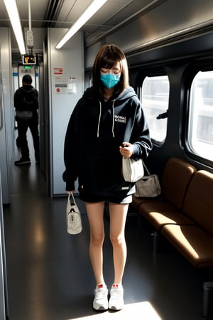 score_9, score_8_up, score_7_up, score_6_up, BREAK , source_real, raw, photo, realistic, BREAK, 1girl, long hair, bangs, brown hair, black hair, long sleeves, 1boy, holding, standing, full body, closed eyes, shoes, solo focus, hood, bag, sweater, long legs, hoodie, mask, phone, formal, cellphone, suit, ground vehicle, smartphone, holding phone, mouth mask, white hoodie, train interior, looking at phone