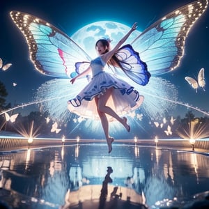 A very hyper photorealistic of a fabulous beutiful butterfly Japanese girl flying and dancing in the with brightly moonlight and sparkling water with dreamful and nightly effects, hyper realism, sparkling reflections, HD, high quality 3D, 8D, full high quality professional cinema 225k, reflections, high quality resolution, High quality digital, high detailed of everything