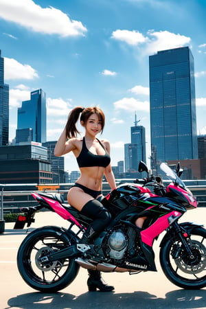 a pink Kawasaki Ninja 650 motorcycle, a woman with chiseled physique symmetry confidently poses against a pink Kawasaki Ninja 650 motorcycle, clad in a blue bikini and leather jacket, black tank top, and matching boots, set against the urban backdrop of towering skyscrapers and drifting clouds on a city avenue. Warm light illuminates her striking features as she stands relaxed, exuding an air of self-assurance amidst the bustling metropolis.
