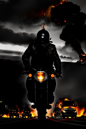 A woman is riding on the highway (((riding a black medium-sized motorcycle))). ((She has sharp eyes and is cold and serious, wearing a black leather jacket and boots)), (((Holding a grenade gun in her left hand))). The composition centers on her, facing the viewer head-on. Motorcycles dominate the foreground. (((A truck is engulfed in flames and smoke in the background))), adding to the drama and tension. The fine details of explosions, moving motorcycles, and vast skies all combine to create the dynamic and thrilling atmosphere of this scene.
