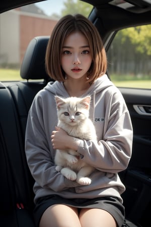 Generate hyper realistic image of a young woman with light brown hair and grey eyes. She is wearing a grey hoodie with a white letters "OK" on it. She is sitting in a car and the window is open. She is holding a white persian kitten in her arms. The kitten is looking at the camera. The background is out of focus.