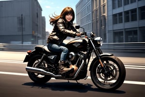 Masterpiece, top quality, 1woman, looking at viewer, smile, long hair, choppy bangs, brown hair. A female  wearing a full black jaket,black short boots, riding a motorcycle. Outdoors, dynamic, highly detailed, concept art, smooth, sharp focus.
