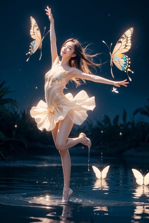 A very hyper photorealistic of a fabulous beutiful butterfly Taiwanese young girl  flying and dancing in the with brightly moonlight and sparkling water with dreamful and nightly effects,control clothes to turn into flowing liquid, hyper realism, sparkling reflections, HD, high quality 3D, 8D, full high quality professional cinema 225k, reflections, high quality resolution, High quality digital, high detailed of everything