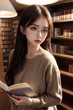 one beautiful girl,{masutepiece}, ((Best Quality)), hight resolution, {{Ultra-detailed}}, {extremely details CG}, {8k wall paper},kawaii,anime, Library Ladder, Climbing to reach a top-shelf book, Evening, Books of various sizes surrounding her, Vertical view of the tall bookshelf, Warm overhead lighting, Focus on her curiosity, Leather and paper Texture, Knowledge-seeking Mood, Wearing glasses and a sweater, Hair in a loose bun,looking at viewer