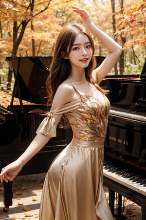 In a September forest where autumn leaves fall, a woman dances gracefully. Surrounding her, there stands a grand piano and various orchestral instruments BREAK (masterpiece, best quality, highres:1.3), ultra resolution image, grin,