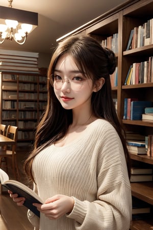 one beautiful girl,{masutepiece}, ((Best Quality)), hight resolution, {{Ultra-detailed}}, {extremely details CG}, {8k wall paper},kawaii,anime, Library Ladder, Climbing to reach a top-shelf book, Evening, Books of various sizes surrounding her, Vertical view of the tall bookshelf, Warm overhead lighting, Focus on her curiosity, Leather and paper Texture, Knowledge-seeking Mood, Wearing glasses and a sweater, Hair in a loose bun.(big sunny smile)
