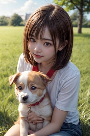 Under the blue sky, the young girl gracefully sat down on the lush grass, and the puppy faithfully nestled beside her. Her gaze toward the dog was filled with affection, a tender expression that spoke volumes of her love for the furry companion.smile,nishikigi chisato,chisato nishikigi