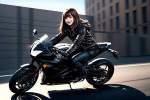 Masterpiece, top quality, 1woman, looking at viewer, smile, long hair, choppy bangs, brown hair. A female  wearing a full black jaket,black short boots, riding a motorcycle. Outdoors, dynamic, highly detailed, concept art, smooth, sharp focus.