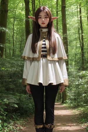 (frieren), elf, black leggings, brown boots,looking at viewer, standing, woods, capelet in white color with golden striped at edges, white dress also with golden striped at edge photography, kodar 100, award photo