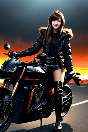 Masterpiece, top quality, 1woman, looking at viewer, smile, long hair, choppy bangs, brown hair. A female  wearing a full black jaket,black short boots, riding a motorcycle. Outdoors, dynamic, highly detailed, concept art, smooth, sharp focus.