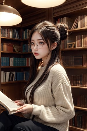 one beautiful girl,{masutepiece}, ((Best Quality)), hight resolution, {{Ultra-detailed}}, {extremely details CG}, {8k wall paper},kawaii,anime, Library Ladder, Climbing to reach a top-shelf book, Evening, Books of various sizes surrounding her, Vertical view of the tall bookshelf, Warm overhead lighting, Focus on her curiosity, Leather and paper Texture, Knowledge-seeking Mood, Wearing glasses and a sweater, Hair in a loose bun,sitting