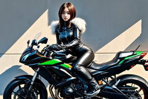 Painting in the style of prismatic portraits, beautiful landscapes, hyperrealistic precision, digital art techniques, impressionist: dappled light, bold, colorful portraits, wide angle. A young Korean K-pop star sitting on a Kawasaki Ninja 400 motorcycle next to the wall. High nose bridge, doe eyes, sharp jawline, plump lips, and an hourglass figure. Soft lighting wraps around her face, accentuating every curve and crease. Cluttered maximalism. Womancore. Mote Kei. Extremely high-resolution details.