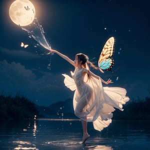 A very hyper photorealistic of a fabulous beutiful butterfly Japanese girl flying and dancing in the with brightly moonlight and sparkling water with dreamful and nightly effects,control clothes to turn into flowing liquid, control flowing colored transparent liquid to splash into butterfly,hyper realism, sparkling reflections, HD, high quality 3D, 8D, full high quality professional cinema 225k, reflections, high quality resolution, High quality digital, high detailed of everything