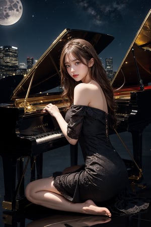 1girl, solo, long hair, looking at viewer, smile, bangs, brown hair, dress, bare shoulders, brown eyes, sitting, full body, sky, barefoot, off shoulder, black dress,pantyhose, , big breasts,from side, lips, see-through, window, night, moon, building, instrument, star \(sky\), night sky, full moon, starry sky, reflection, city, off-shoulder dress, piano, moonlight, reflective floor, Steinway & Sons black grand piano
