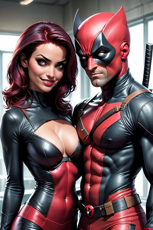 In this scene, Wolverine grabs Lady Deadpool, the female version of Deadpool, known as Wanda Wilson, with his sharp claws. Bound hand and foot by the ruthless mutant, her signature costume is tattered and badly torn, revealing her slim, athletic body. Lady Deadpool, with her distinctive mask covering all of her face, has an expression of surprise and delight, with wide eyes and bitten lips as she experiences double penetration, an intense and unfamiliar sensation. Lady Deadpool's mask is iconic and distinctive, similar to Deadpool's, but adapted to Wanda Wilson's feminine style. deep red in color and covers her entire head, with openings for the eyes and mouth. Her eyes are surrounded by a black design that highlights her gaze, while her mouth is outlined by a black line that imitates a sarcastic smile. The mask cannot have any additional details, adding a unique and feminine touch to her look. The setting is dark and gloomy, with a cold color palette that highlights the seriousness of the situation. Wolverine and the Rock has managed to forcefully penetrate Lady Deadpool vaginally and anally, while she lies bound and vulnerable, unable to resist his power. The scene includes an X-ray vision effect frame to focus on Lady Deadpool's penetration of her, showing the action more explicitly.
 experience double penetration
 experience double penetration