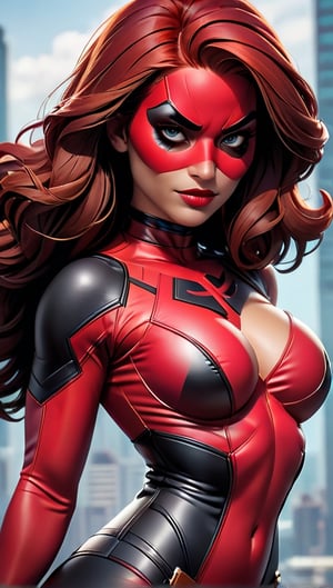 Imagine and Create: In this scene, Lady Deadpool, known for her boldness and unique style, is standing in a provocative and sensual position. Her mask, a distinctive piece of her attire, completely covers her face and head, revealing only the upper part of her body. Lady Deadpool's mask is a work of art in itself: bright red, it hugs every contour of her face with meticulous precision. From the contours of her eyes to the line of her mouth, she is adorned with a black design that highlights her gaze and accentuates her lips with a sarcastic smile.

Lady Deadpool's costume is equally striking and detailed. Fitted and tight to her figure, it highlights her feminine curves with a combination of red and black colors. Intricate details adorn every inch of fabric, from the lines that follow the shape of her body to the distinctive emblem on her chest. Every fold and every seam seems designed to highlight her attractiveness and power, with a touch of provocation that reflects her irreverent personality.

The Lady Deadpool figure is a perfect fusion of strength and sensuality. With pronounced curves and a confident stance, she exudes