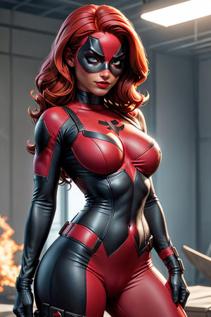 Imagine and Create: In this scene, Lady Deadpool, known for her boldness and unique style, is standing in a provocative and sensual position. Her mask, a distinctive piece of her attire, completely covers her face and head, revealing only the upper part of her body. Lady Deadpool's mask is a work of art in itself: bright red, it hugs every contour of her face with meticulous precision. From the contours of her eyes to the line of her mouth, she is adorned with a black design that highlights her gaze and accentuates her lips with a sarcastic smile.

Lady Deadpool's costume is equally striking and detailed. Fitted and tight to her figure, it highlights her feminine curves with a combination of red and black colors. Intricate details adorn every inch of fabric, from the lines that follow the shape of her body to the distinctive emblem on her chest. Every fold and every seam seems designed to highlight her attractiveness and power, with a touch of provocation that reflects her irreverent personality.

The Lady Deadpool figure is a perfect fusion of strength and sensuality. With pronounced curves and a confident stance, she exudes