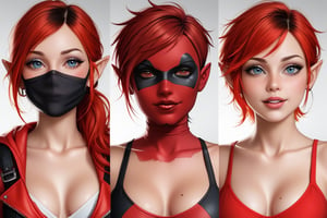 Lady Deadpool's mask is iconic and distinctive, similar to Deadpool's, but adapted to Wanda Wilson's feminine style. It is usually deep red in color and covers its entire head, with openings for the eyes and mouth. Her eyes are surrounded by a black design that highlights her gaze, while her mouth is outlined by a black line that imitates a sarcastic smile. The mask may have additional details, such as pointed ears or strands of red hair sticking out, adding a unique and feminine touch to your look.