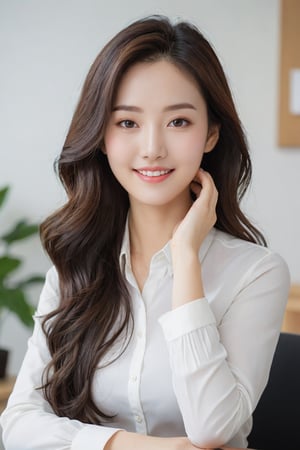 (1 22yo beauty girl), highest quality, 8k, masterpiece, concentration, perfect body beauty, detailed face and skin texture, delicate eyes, double eyelids, white skin, young beauty, 40-year-old Korean model (bright smile),
((Long hair wavy style, black hair, clothing style is office clothes, clothing color is random, pose is with right hand raised naturally)). ((background is white background)),
Very sharp, very detailed, very realistic. ((Upper body shot)),

natural facial wrinkles