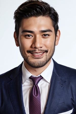 Asian man, realistic, handsome, young, (beard:1.1), muscles, smile, suit and tie, long sleeves, (focus on male), perfect proportions, perfect perspective, cinema lighting, film photography, ((portrait, face Photo, close -up)), white studio background, masterpiece, Korean top model, bright smile, wide smiling face, advertising model