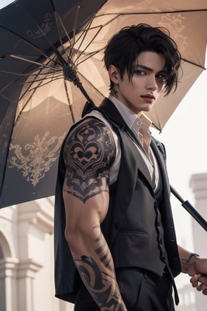 Create an enchanting  image featuring a cute and alluring  young hunk boy with lustrous black hair, captivating blue eyes, and a canvas of intricate body tattoos. Dressed in a stylish Victorian  priest vest showing his muscular biceps, he exudes a blend of modern allure and timeless elegance. The focal point of the image is the unique umbrella  with blue fire he holds, from which ethereal spirits emerge. The spirits should be diverse and whimsical, each carrying a distinct aura. Capture the magical and mysterious atmosphere surrounding this character, showcasing the synergy between his youthful charm, the body art that tells a story, and the enchanted umbrella that connects him to a realm of spirits. Pay attention to the details, infusing the scene with a sense of wonder and alluring ,1utf1,giant_this_guy,man