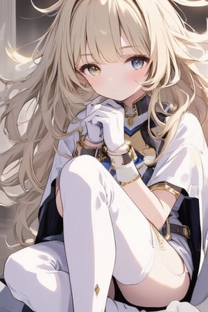 1girl, solo, long hair, looking at viewer, bangs, blue eyes, blonde hair, thighhighs, gloves, hair between eyes, sitting, very long hair, full body, white gloves, cape, armor, white thighhighs, chain, no shoes, bound, restrained, cuffs, empty eyes, hugging own legs, shackles