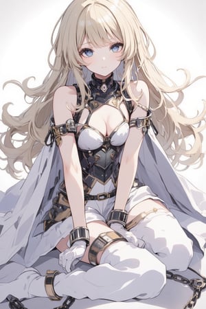 1girl, solo, long hair, looking at viewer, bangs, blue eyes, blonde hair, thighhighs, gloves, hair between eyes, sitting, very long hair, full body, white gloves, cape, armor, white thighhighs, chain, no shoes, bound, restrained, cuffs, empty eyes,shackles