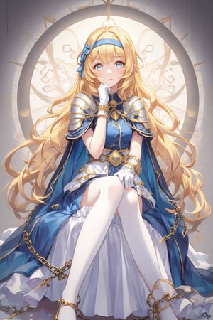 1girl, solo, long hair, looking at audience, bangs, blue eyes, blond hair, white stockings, gloves, hair between eyes, sitting, headband, cloak, armor, chains, bondage, bdsm, pauldrons , cuffs, wrist restraints, ankle restraints, shackles