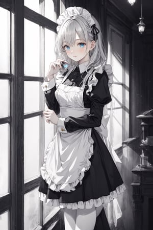 Super hired, super detailed, masterpiece, best quality, woman, blue eyes, long gray hair, bangs, light green top, long skirt, maid outfit is black and white, white stockings, black flats, aesthetic, maid, Exposure Mix, Medium Shot, Bokeh, (hdr: 1.4), High Contrast, (Film, Cyan & Orange: 0.85), (Soft Colors, Dark Tone: 1.3), Low Saturation,