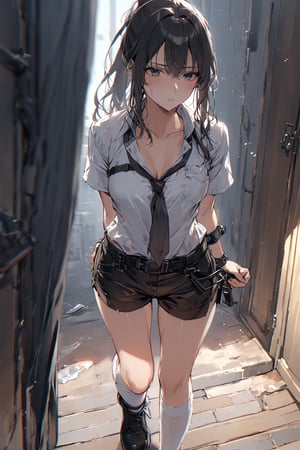 A captured female agent, messy white shirt, unbuttoned tie, pencil shorts, white knee socks, medium chest, black ponytail, handcuffs