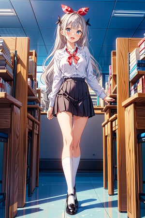 1girl, solo, breasts, looking at viewer, blushing, long hair, open mouth, bangs, blue eyes, white shirt, gray hair, hair accessories, white stockings, black skirt, ribbon, medium boobs, standing, full body, long sleeves, long legs, cells, shoes, black footwear, white stockings, zettai ryouiki, skin dents, tie, arms behind the back, flat shoes, office worker