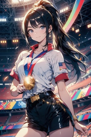 Paris Olympics, (((Olympic Expression Ceremony))), 
anime style beautiful woman, 1girl, (ponytail), black hair, (long hair), 
Slender, skinny, (turime), thick eyebrows, 
dressed in tricolor uniform, (((holding a gleaming gold Olympic medal aloft))). The lighting is soft and warm, with a subtle glow surrounding her triumphant pose. Her eyes sparkle with joy, and a smile spreads across her face as she cradles the medal in her hands, basking in the adoration of the audience, 
((Olympic Stadium, indoors, crowd in distant stands, stadium, olympic venues)),
Olympic Stadium, indoors,
vibrant colors, sharp focus, best quality, depth of field, cinematic lighting, (illustration, 8k CG, extremely detailed), ultra-detailed, high resolution, firefliesfireflies, perfect light, 
Captured female agent, messy white shirt, untied tie, simple shorts, white knee-high socks, medium size, black ponytail, black flat shoes, both hands are handcuffed and cuffed in front, both ankles Wearing shackles, legs are slender