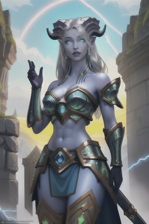 green glowing eyes, straightened beautiful silver hair, perfect female upper body, off shoulders, midriff, two horns,  perfect beautiful female face, perfect hands, draenei legs, ultrarealistic, photorealistic, antialising, Ultra detailed textures, masterpiece Ambiente, masterpiece anatomy,, blue open sky with white clouds, Stone path, sunny beautiful Day,{{ perfect beautiful blue skin,}}, barbarian female armor with plated parts,  high res, one beautiful tail, summoning lightning,
photorealistic lighteffects, perfect lighteffects, 