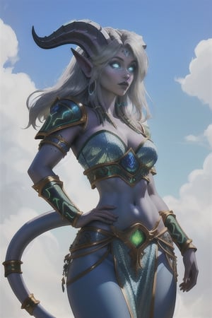 green glowing eyes, straightened beautiful silver hair, perfect female upper body, off shoulders, midriff, two horns, tail, perfect beautiful female face, perfect hands, draenei legs, ultrarealistic, photorealistic, antialising, Ultra detailed textures, masterpiece Ambiente, masterpiece anatomy,, blue open sky with white clouds, Stone path, sunny beautiful Day,{{ perfect beautiful blue skin,}}, barbarian female armor with plated parts,  high res, tail, 
photorealistic lighteffects, perfect lighteffects, 