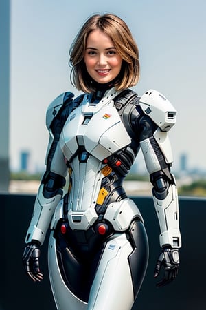 {{{{{{{{{{Ana de Armas, Olivia Wilde}}}}}}}}}}, masterpiece beautiful athletic female body, standing on hughe robothead, wearing a techarmor with offshoulders holding helmet, perfect fit female body, scifi mech Hangar in background, smiling at viewer with a beautiful lovely view, biting lips while smiling, teasing viewer with loving smile, tiptoes, modern haircut, beautiful blonde hair and black eyes,  cybertech campus background, {{{{{N7 Armor}}}}}, Masseffect female armor,