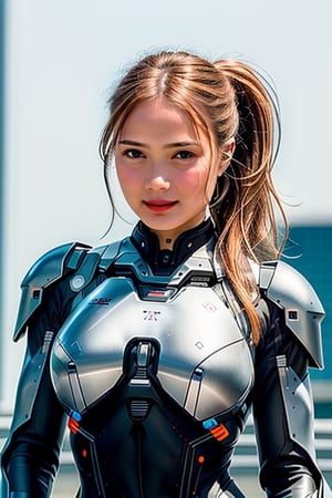 {{{{{{{{{{Ana de Armas, Gwyneth Paltrow, Olivia Wilde}}}}}}}}}}, masterpiece beautiful athletic female body, standing on hughe robothead, wearing a techarmor with offshoulders holding helmet, perfect fit female body, scifi mech Hangar in background, smiling at viewer with a beautiful lovely view, biting lips while smiling, teasing viewer with loving smile, tiptoes, wild ponytail and beautiful orange eyes,  cybertech campus background, hightech glasses, {{{{{N7 Armor}}}}}, 