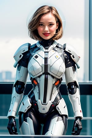 {{{{{{{{{{Ana de Armas, Olivia Wilde}}}}}}}}}}, masterpiece beautiful athletic female body, standing on hughe robothead, wearing a techarmor with offshoulders holding helmet, perfect fit female body, scifi mech Hangar in background, smiling at viewer with a beautiful lovely view, biting lips while smiling, teasing viewer with loving smile, tiptoes, modern haircut, beautiful blonde hair and black eyes,  cybertech campus background, {{{{{N7 Armor}}}}}, Masseffect female armor,