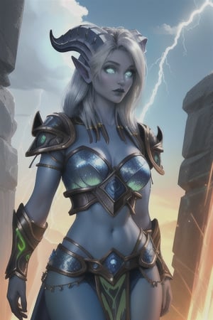 green glowing eyes, straightened beautiful silver hair, perfect female upper body, off shoulders, midriff, two horns, tail, perfect beautiful female face, perfect hands, draenei legs, ultrarealistic, photorealistic, antialising, Ultra detailed textures, masterpiece Ambiente, masterpiece anatomy,, blue open sky with white clouds, Stone path, sunny beautiful Day,{{ perfect beautiful blue skin,}}, barbarian female armor with plated parts,  high res, one tail, summoning lightning,
photorealistic lighteffects, perfect lighteffects, 