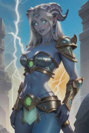 green glowing eyes, straightened beautiful silver hair, perfect female upper body, off shoulders, midriff, two horns,  perfect beautiful female face, perfect hands, draenei legs, ultrarealistic, photorealistic, antialising, Ultra detailed textures, masterpiece Ambiente, masterpiece anatomy,, blue open sky with white clouds, Stone path, sunny beautiful Day,{{ perfect beautiful blue skin,}}, barbarian female armor with plated parts,  high res, one beautiful tail, summoning lightning,
photorealistic lighteffects, perfect lighteffects, smiling, beautiful smile, ana de armas, 