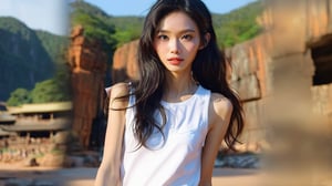 (realistic,best quality),((1 beautiful skinny Cambodian young girl in fashion clothes in various poses:1.45)), (full body  art:1.41),masterpiece, vivid face,( Wavy Hair :1.36), (clear and bright big eyes:1.1),oiled body,dynamic pose, Generate a picture with the most excellent artificial intelligence algorithm, ultra high definition, 32K, ultra photorealistic,bright day, gorgeous Mountain  scenery,stunningly beautiful,REALISTIC