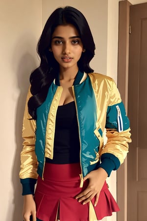 beautiful indian girl 18 years old wearing bomber jacket and short skirt hot sexy, clevage , fucking hot, veiny breast full photo