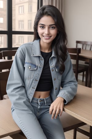  A stunning 18-year-old pakistani beauty,,sit on dinning table in sexy pose with piercing black eyes and a radiant smile, captured in hyper-realistic detail. She is wearing jacket with baggy jeans 