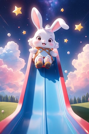 Galaxy Slide - A little bunny slides down a star-studded slide with heart-shaped clouds at the bottom.