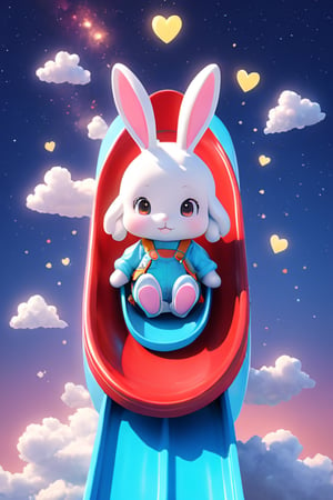 Galaxy Slide - A little bunny slides down a star-studded slide with heart-shaped clouds at the bottom.