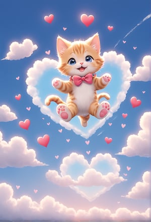 Jumping Heart-Shaped Clouds - A kitten jumps on a heart-shaped cloud, leaving a series of heart-shaped footprints