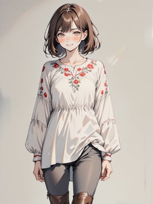  (1 woman), alone, short bob, 28 years old, Japanese, brown eyes, brown hair, slim figure, flat chest, rosy cheeks, flushed face, happy, happiness, 
Break
//Fashions
Folk Embroidered Tunic with Skinny Jeans
This modern take on folk patterns features an embroidered tunic top with delicate,
traditional folk designs along the neckline and cuffs,
BREAK
The tunic is slightly oversized with balloon sleeves and a high-low hemline,
giving it a casual yet elegant appearance,
Pair the top with skinny jeans in a neutral color and knee-high leather boots to balance the outfit,
This look is perfect for everyday wear with a hint of cultural flair,
The detailed folk embroidery stands out against the simplicity of the rest of the outfit,
offering a sophisticated nod to traditional craftsmanship
BREAK