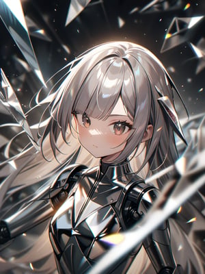 (1 woman), mechanical mirror-polished silver body has metallic luster and shining,extremely mechanical joints, glossy dark-brown eyes,shoulder-length straight silver hair with diagonal bangs, blunt bangs,KALEIDOSHATTER