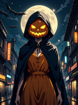 Solo, pumpkin head, (black cloak), (pumpkin dress), night, full moon, futuristic city,