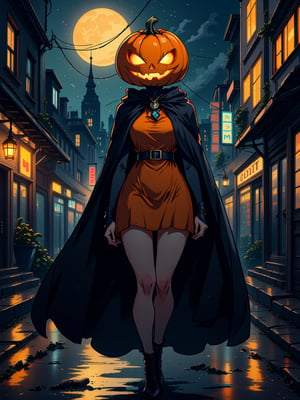 Solo, pumpkin head, (black cloak), (pumpkin dress), night, full moon, futuristic city,