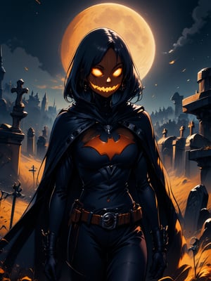 solo, pumpkin head,black cape,night, crescent moon, cemetery,